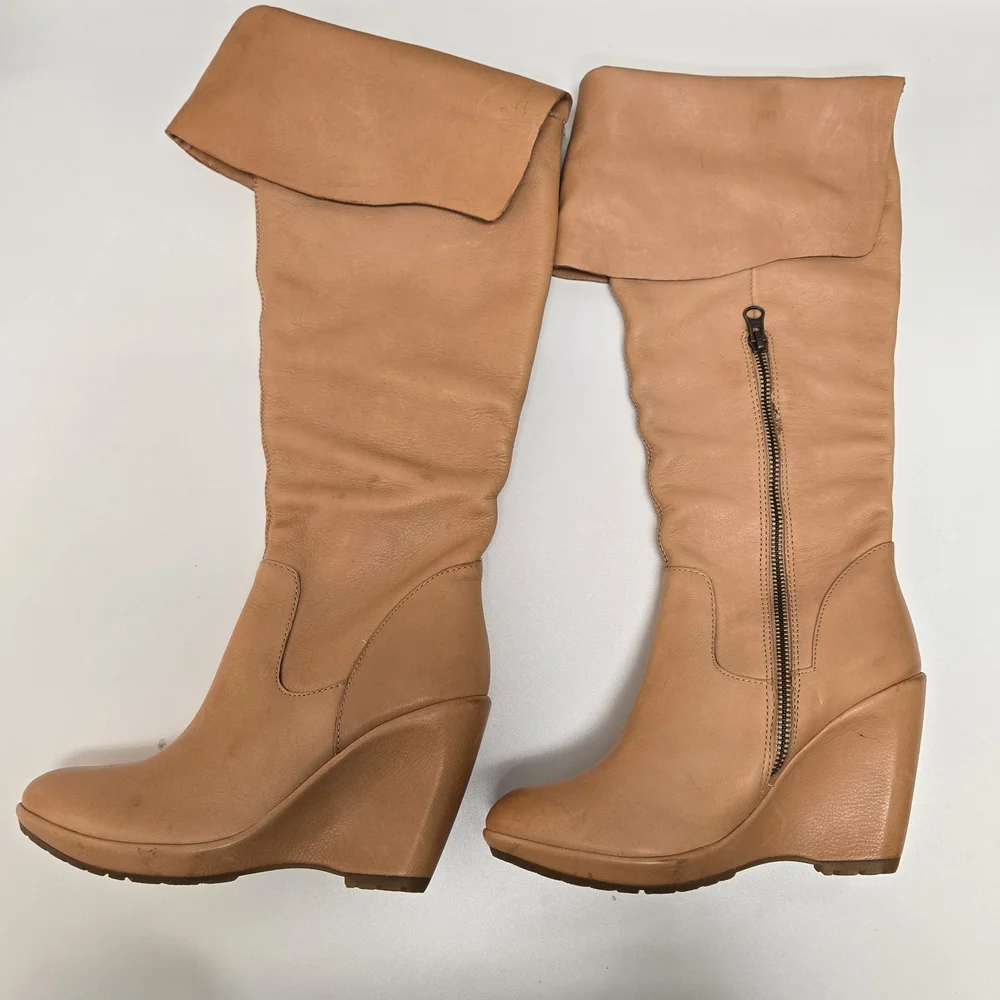 Tan Wedge Knee-High Leather  Boots